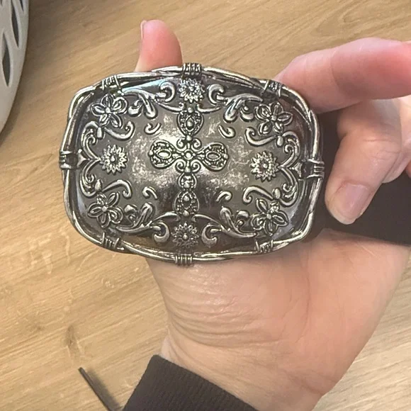 Black Leather Belt with Decorative Silver Buckle - Picture 3 of 5